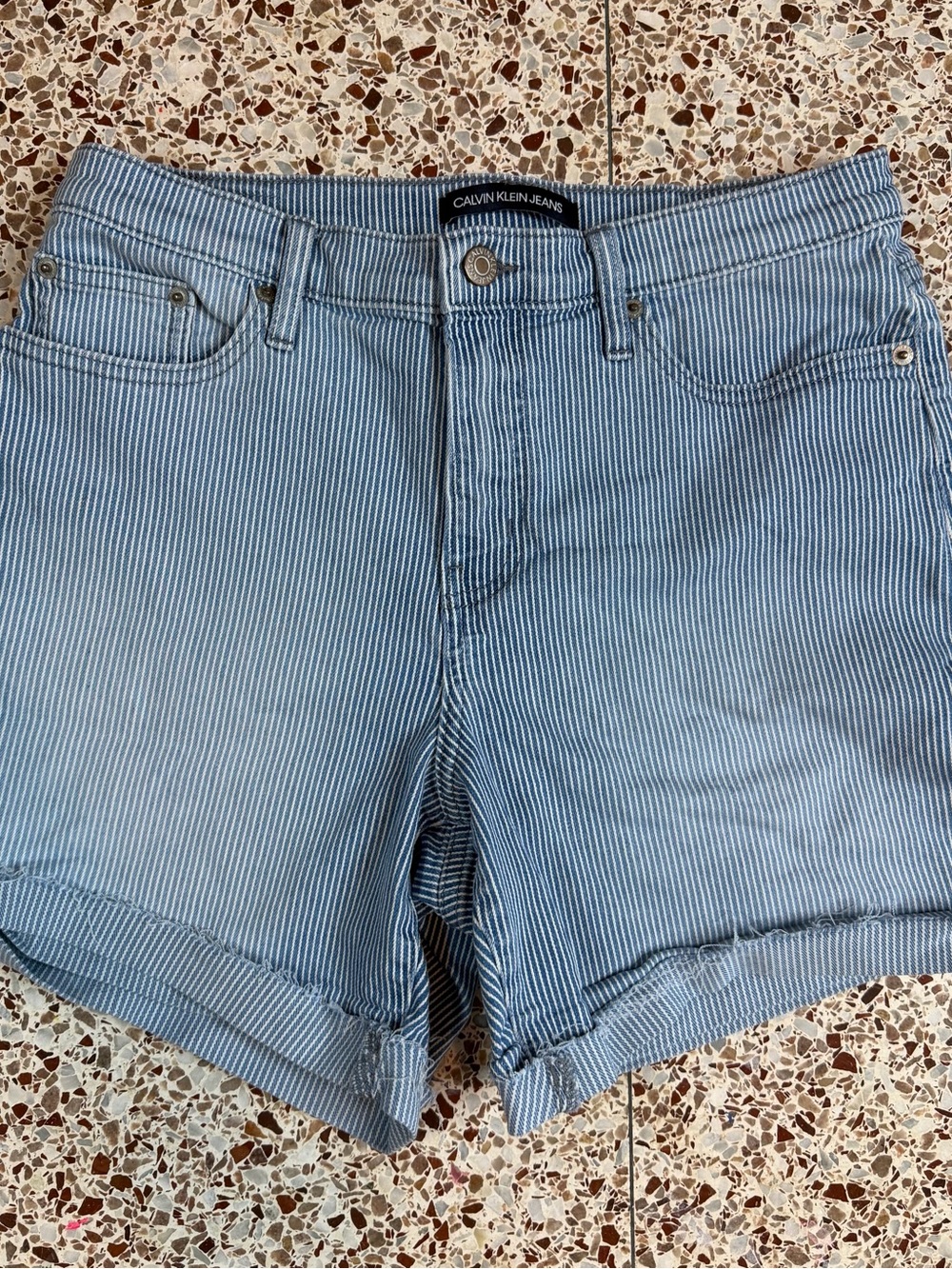 Calvin Klein Jeans High Rise Striped Denim‎ Shorts 8 Blue, Button, Pockets